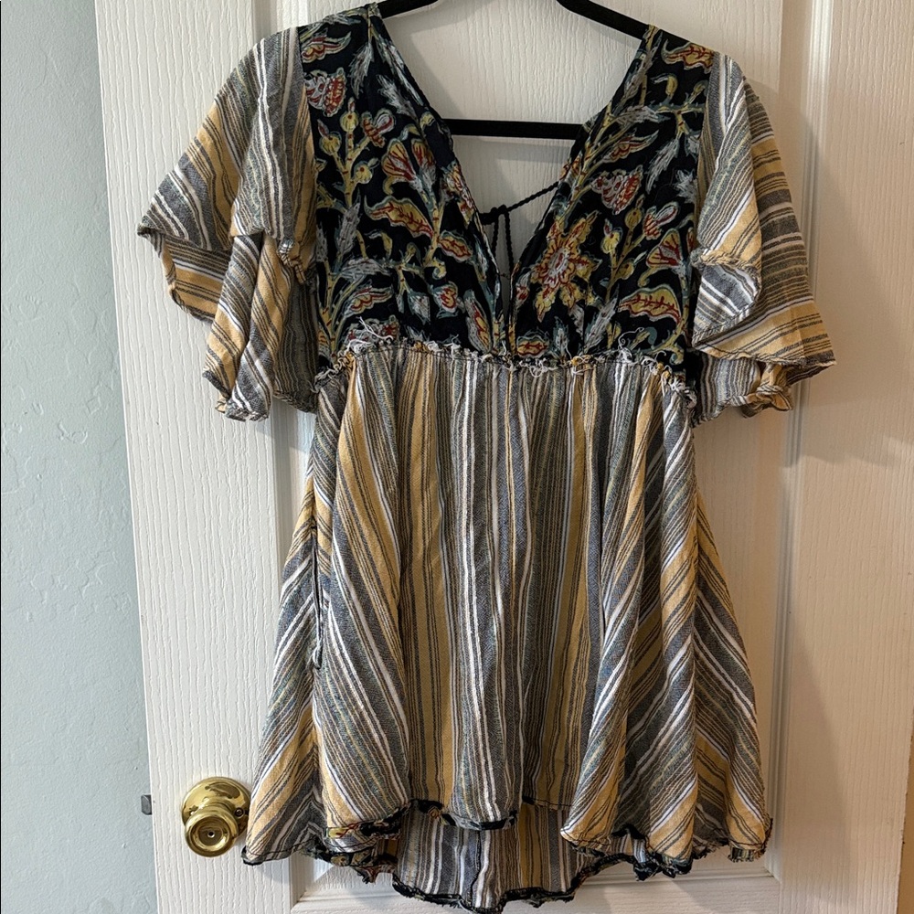 Free People Multicolor Striped Embroidered Blouse
